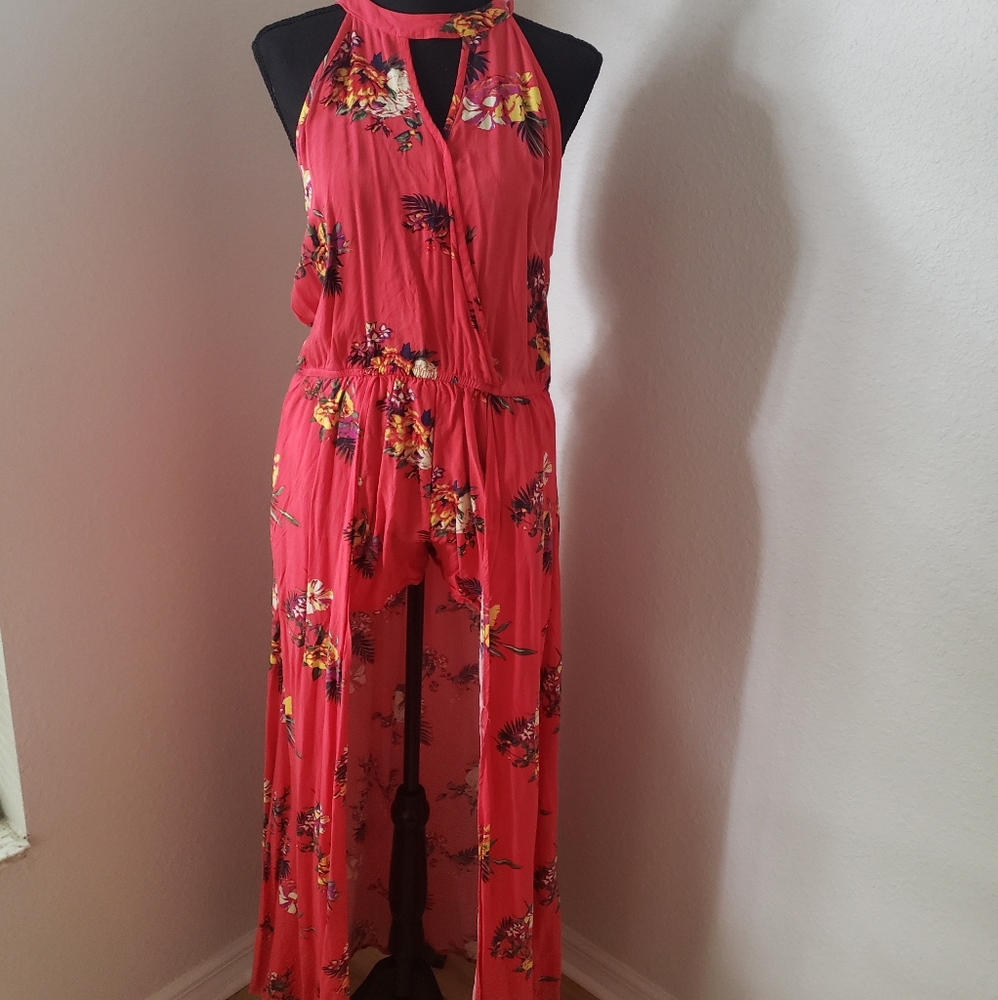 Tropical Peach Floral Romper with overlay - Picture 4 of 14